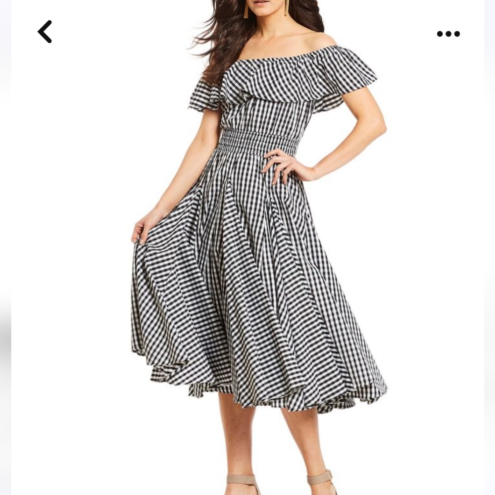 Chelsea & Theodore Smocked Ruffle Flounce Off the Shoulder Gingham Midi size S